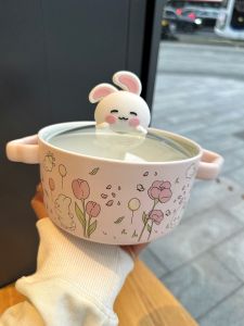Cute Cartoon Covered Ceramic Soup Bowl Double Ear Student Convenient Noodles Bowl Home Use Salad Bowl Korean Style round Shape