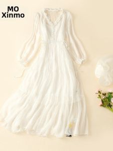 V-Neck Long Sleeve Silk A-Line Dress White