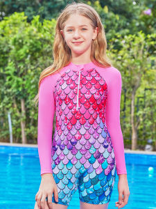 One Piece Swimsuit Girls Long Sleeve Swimwear Mermaid Scale Printed Beach Pool Kids Tween Rash Guard Summer Cute Swimming Suit