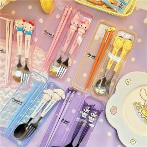 Takara Tomy | Anime Kuromi Tableware Hello Kitty Melody Silicone Handle Tableware KT Cat 3Pcs Set Cinnamoroll Fork Spoon Portable Tableware