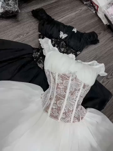 L_ Đầm corset quyến rũ váy công chúa dự tiệc đầm thiết kế trễ vai tùng bèo eo phối Ren form xòe kèm charm