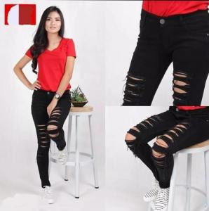 (COD) BAYAR DITEMPAT !!! Celana Jeans Wanita Full Sobek Bahan Melar dan Ngaret Model Terbaru Kualitas Premium REDY WARNA HITAM - REDY SIZE 26 - 38