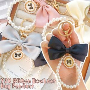 Sweet Bow Ribbon Pearl Beaded Keychain for Women Girls Korean Large Bow Backpack Pendant Car Keyring Charms Phone Chain Ornaments