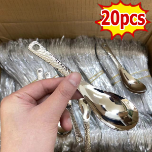 20Pcs Ultralight Stainless Steel Anti-slip Spoon / Retro Stainless Steel Hammered Spoon / Home Kitchen Deepen Large Capacity Spoon / Tableware - Deepen Large Capacity Long Handle