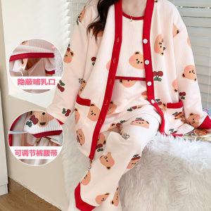 Spring and Autumn Pregnant Womens Pajamas Winter Thickened Air Cotton Postpartum Homewear Breastfeeding Three-Piece Set Confinement Clothing