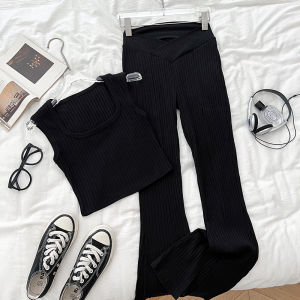 ชุดสองชิ้นสำหรับผู้หญิง ชุดลำลอง แขนกุด เสื้อกั๊กคอเหลี่ยม เอวสูง กระโปรงทรงแหวนเล็ก แฟชั่นฤดูใบไม้ร่วง 2024