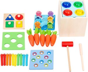 Montessori  Wooden Toy Includes Color Sorting  Pulling Carrots Fishing Insect Catching Games Fine Motor Skills Toy