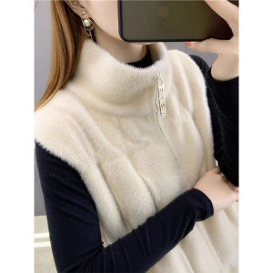 Womens Thickened Woolen Sweater Vest 2024 Winter High Collar Sleeveless Regular Length Zipper Closure Mink Velvet Outerwear
