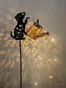 1 Outdoor Solar Cat/Dog Silhouette Watering Can Light - Hanging Solar Garden Decor for Lawn Backyard Pathway and Patio