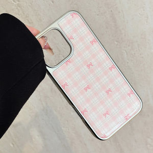 Sweet Pink Blue Bowknot Grid Pattern Glitter Drop Glue Silver Border Phone Cover Case for iPhone 17 16 15 14 13 12 Pro Max Plus