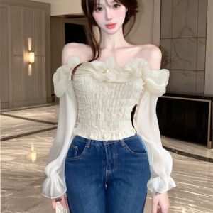 GUZILIAN | French Lace Shirt Women Pure Desire One Shoulder Small Top Autumn New High Sense Beautiful Long Sleeve Blouse Commute Style Knitted
