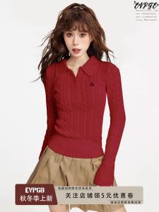 เสื้อสเวตเตอร์คอโปโลสีแดงแบบสวมหัวสำหรับผู้หญิงในฤดูหนาว เสื้อชั้นในทรงสลิมฟิต เสื้อเชิ้ตชั้นใน เสื้อผ้าทำงาน เสื้อผ้าทำงาน