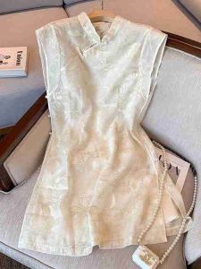 NUMEN BUTTON | Traditional Chinese Buttoned Brocade Sleeveless Cheongsam Dress Summer Slim Fit Short