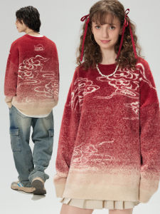 เสื้อสเวตเตอร์ถักลายเมฆสีแดง LAMLICKA สำหรับผู้ชาย ฤดูใบไม้ร่วง/ฤดูหนาว สไตล์จีน หลวมๆ ลำลอง เสื้อถักแบบสวมหัว