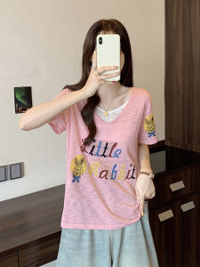 Shalldoer | Fashionable Mock Two-Piece V-Neck Color Block Letter Print Short Sleeve T-Shirt Casual Lightweight Summer Top For Women