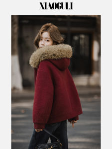 Red Hooded Warm Detachable Fur Collar Women Jacket