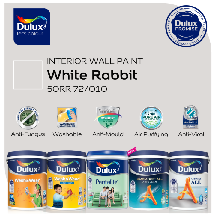[Shop By Colour] Dulux Interior Wall Paint | White Rabbit 50RR 72/010 | Anti-Mould & Anti-Fungus | Washable & Easy Clean | Antibacterial | 1L & 5L
