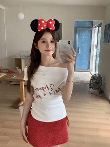 Korean Off Shoulder T-shirt Short Sleeve Letter Print Slim Fit T-shirt for Women Black / White