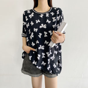 Fashionable Summer Thin Cotton Silk T-Shirt for Women with Short Sleeves and Crewneck Casual Large Size with Plant Florals Print