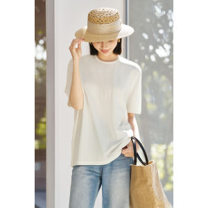 Mishiyang Summer New Casual Loose T-Shirt Silk Blend Soft Comfortable Womens Top round Neck Short Sleeve Solid Color