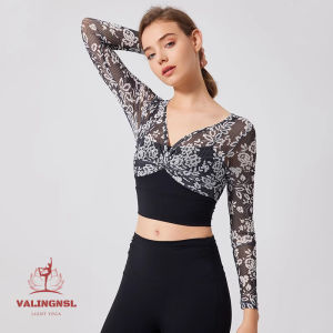 Valingnsl Womens Lace Long Sleeve Yoga Fitness Running Training Sports Top with Chest Pad Tight Fit Nylon Gymwear