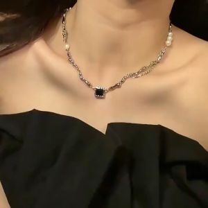 GL SILVER Baroque Style Black Zircon Pearl Spicy Girl Versatile Necklace N7082-N7083