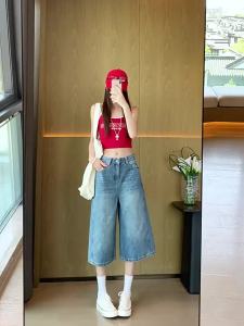 La Chapelle | Vintage Blue American Style High-Waist Capri Jeans for Petite Women