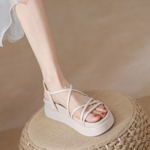 Roman Style Thick Heel Sandals Womens Fashion Flat Bottom Fairy Style Cross Banding Summer Shoes Comfortable Breathable