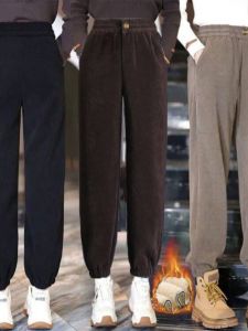 กางเกงขายาวผ้าคอร์ดูรอยหนาสำหรับฤดูใบไม้ร่วงและฤดูหนาว กางเกงขายาวลำลองสำหรับผู้หญิง กางเกงขายาวทรงหลวม เอวยางยืด เอวสูง กางเกงขายาวทรงหลวม
