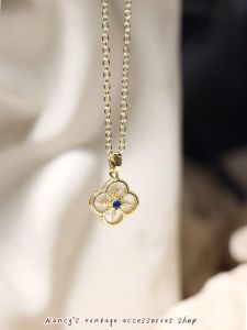 Original Design Cross Necklace Plated Gold Mica Blue Sweater Chain Feminine Vintage Style Fashion Jewelry for Women