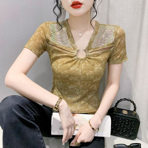 Yimei Áo Nữ Lấp Lánh Áo thun lưới cổ chữ V khoét lỗ gợi cảm Mới Mùa Hè 2023 Áo Thun Nữ kim cương nổi bật thời trang Ngắn Tay Nữ