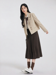 Khaki Short Length Small-sized Womens Suit Jacket Campus Style