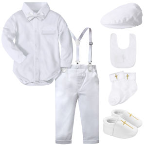 Boys Baptism Outfits Newborn Infant Baby Christening Blessing Gentleman Formal Suits White Wedding Suspenders Outfit Bow Tie