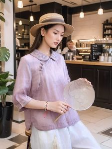 Summer New Retro Artistic Ethnic Style Turn-down Collar Shirt Chinese Style Button Womens Cotton Linen Tea Costume Top Women