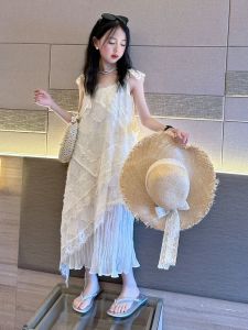 Girls Summer Dress Childrens Clothing Big Kids Girls Strap Dress Beach Cool Outfit Long Dress Casual Style Pure Color Skirt