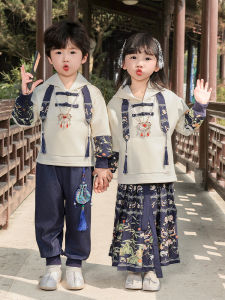 New Chinese Style Childrens Outfit Set with Fleece Lining Hanfu Boys Sweatshirt Girls Cheongsam for New Year Performance