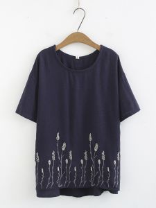 Embroidered Short Sleeve T-shirt Womens Plus Size Round Neck Work Clothing Cotton Material Apple Shape Loose Fit Casual Wear