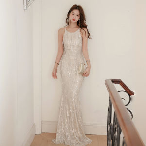 Shining Sequin Slim Fit Evening Dress Neck Hanging Shoulder Bared Gown for Birthday And Banquet Fashionable Long Evening Gown