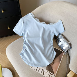 Áo Thun Tay Ngắn Viền Ren Kiểu Pháp Cho Nữ Mùa Hè Áo Ngắn Xếp Ly Áo Không Đối Xứng Áo Thun Ôm Vừa Vặn Áo Thun Thường Ngày