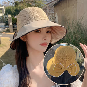 Womens Fashionable Black Glue Fisherman Hat Small Brim Sunscreen Face Covering Summer Butterfly Knot Popular Sun Hat