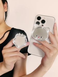 ที่วางโทรศัพท์แบบติดสติกเกอร์สำหรับผู้หญิง กระจกเงาเต็มด้าน รูปหัวใจดอกไม้ ที่ปรับแต่งได้แบบพกพา เครื่องสำอาง กระจก