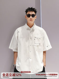 Casual Embroidered Shirt with Large Pockets Short Sleeve Mens Summer Fashionable Versatile Cotton Youth Trendy Printed Shirt