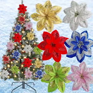 12Pcs Glitter Artificial Flowers Merry Christmas Ornaments Xmas Tree Decorations christmas decor for Home