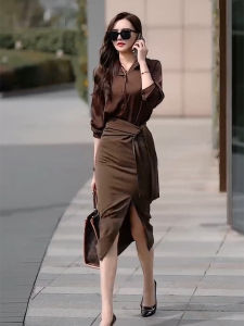 High Waist Slimming Mid-Length Asymmetric Skirt Suit for Women Spring New Style Professional Business Casual Long Sleeve