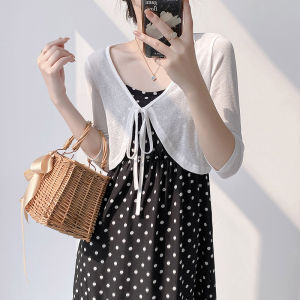 Ultra-Thin Short Knitted Cardigan Womens Summer Top with Strap Vest Outerwear Half Sleeve Outer Jacket Pure Color Commute