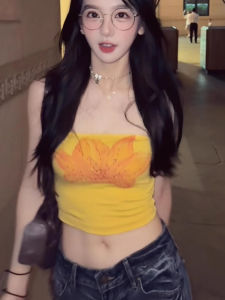 chaqi | Yellow Dopaamine Sleeveless Strap Vest Women Summer Hot Girl Slimming Short Outerwear Crop Top Commute Style Floral Print Casual Wear