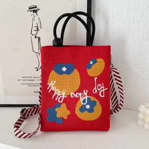 2024 Knitted Small Square Crossbody Shoulder Bag Fashionable Mobile Phone Case Artistic Cartoon Pattern Handbag Womens Bag