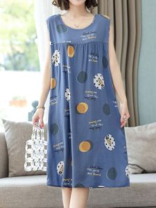 Váy Ngủ Mùa Hè Bằng Vải Lụa Cotton Rộng Rãi Dài Đến Giữa Bắp Chân Cho Nữ Váy Mặc Nhà Bằng Cotton Nhân Tạo Không Tay Mùa Hè