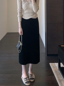 High Waist Velvet Skirt Midi Length Womens Black Dress Quality Commute Style Straight Tube Skirt H-Line Pure Color