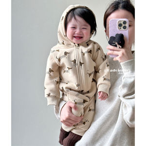 ชุดหมีมีฮู้ดบุขนลายการ์ตูนสำหรับเด็กทารกแบบใหม่ฤดูใบไม้ร่วงและฤดูหนาวสไตล์เกาหลี ins ชุดปีนเขาให้ความอบอุ่นสำหรับเด็กทารกชายและหญิงเด็กแรกเกิด